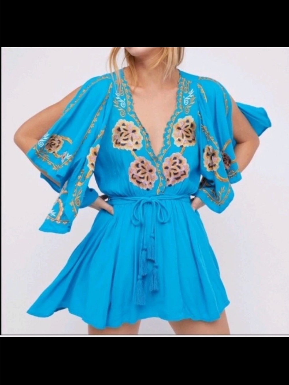 Free People Cora Blue Floral Embroidered Boho Mini Dress, Size medium